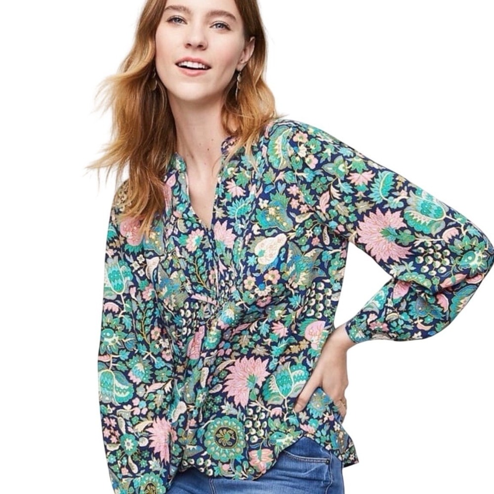 Ann Taylor LOFT Floral Boho Blouse long-sleeve top multi-colored floral print XS